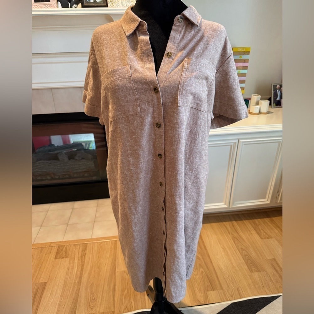 Susan Graver Pure Linen Blend Taupe Dress W/ Pockets Size Medium Petite Euc — image 3 of 8